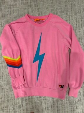 Aviator Nation Pink Sweatshirt with Blue Lightning and Rainbow Sleeve